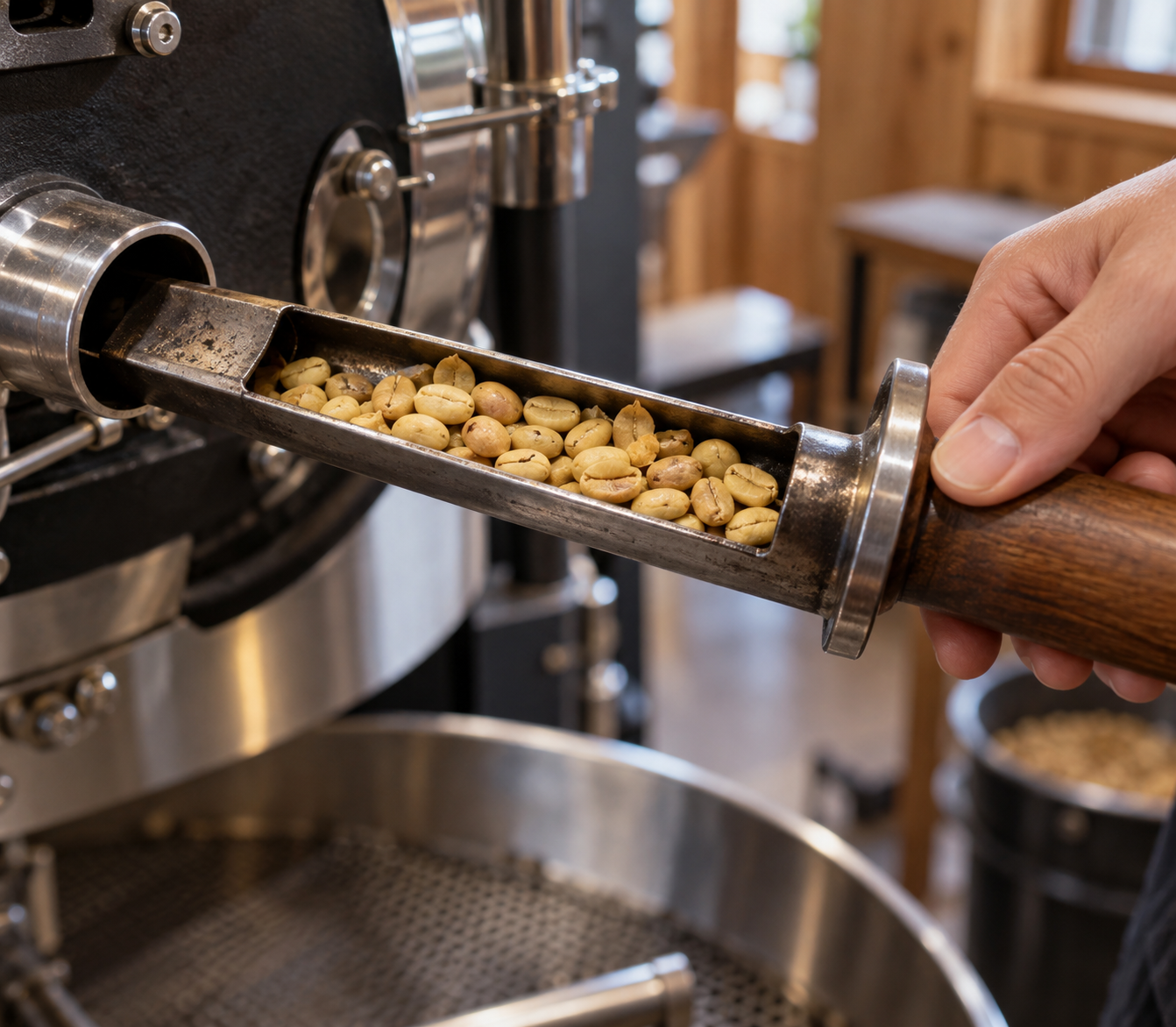 サンプラーに取り出した、黄色く変化したコーヒー豆の工程イメージ